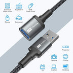 ITD ITANDA 6FT USB Extension Cable USB 3.0 Extension Cord Type A Male to Female 5Gbps Data Transfer for Keyboard, Mouse, PlayStation, Xbox, Flash Drive, Printer, Camera and More, Grey
