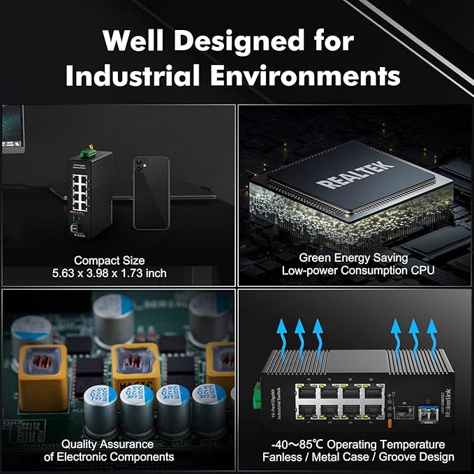 MokerLink 8 Port Gigabit Industrial DIN-Rail Ethernet Switch, 2 SFP Ports with 1 LC 20KM Module(SMF), IP40 Rated Unmanaged Network Switch (-40 to 185°F), with UL Power Supply