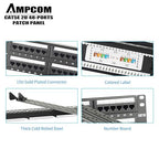 AMPCOM Premium Series CAT5/5e 48 Ports Patch Panel, Rack Mount - 2U, 19 inch, RJ45 Ethernet 568A 568B, 30u Gold Plated, with Rear Cable Support Bar