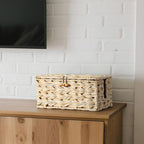 Delamu Handmade Synthetic Rattan Cable Management Box, Flat Weave Desk Organizer with Wire Management, Multi Purpose Cord Hider Box, 12.5" Lx 5.3" Wx 5.3" H, Natural & White