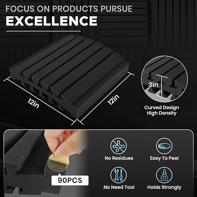 Focusound Sound Proof Foam Panels for Walls 12 Pack – 12x12x3 Inch Acoustic Noise Reducing Wall Panels, Absorbing Soundproofing Foam Dampening Panel Set with 90 PCS Strong Double-Sided Adhesives