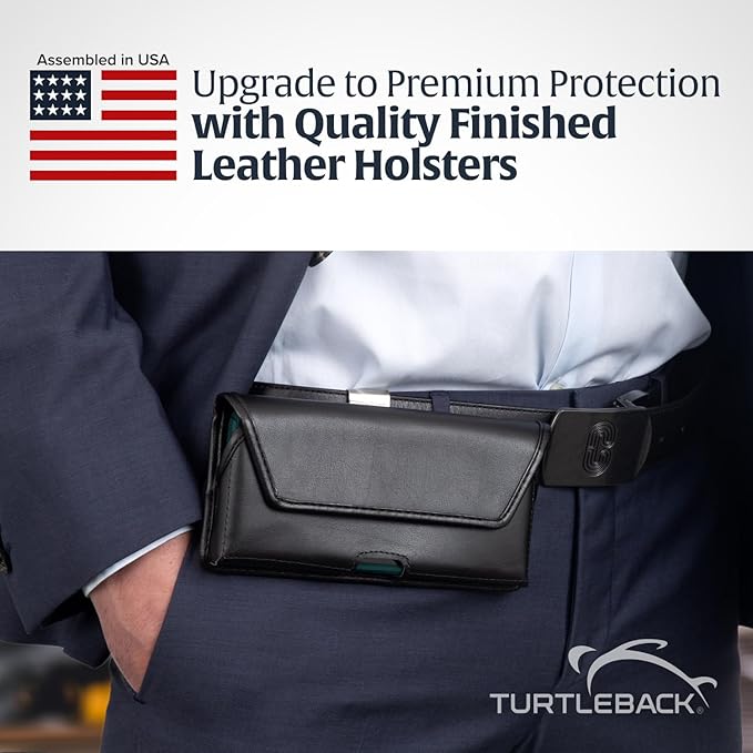 Turtleback Belt Clip for iPhone 16 Pro, 16e, 15 pro 14 Pro 13 Pro -Small- Fits w/Slim MagSafe Style Cases - Premium Black Leather, Horizontal Belt Holder, Magnetic Closure HD Rotating Belt Clip
