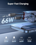 UYOUNG Retractable Car Charger 100W, 4 in 1 Fast Car Phone Charger, 2 Retractable Cables 31.5 Inch and 2 USB Ports, Compatible with iPhone 15/14/13/12/11 Pro Max/XR/XS,Samsung,Pixel,iPad/iPod