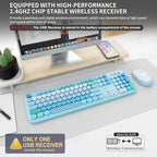 Wireless Keyboard and Mouse Set, 104 Round Keys Full-Size Cute Colorful Keyboard and Mouse with Retro Typewriter for PC/Mac/Laptop/Tablet/Computer/Windows Blue