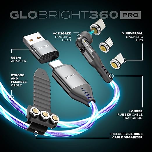 Statik 360 Pro Magnetic Charging Cable - Type C Charger Fast Charging 3 in 1 USB C to USB C Cable, Micro USB & iProduct Tips, USB A Adapter, Fits All Devices - 100W Fast Charger, GloBright 6FT/2M