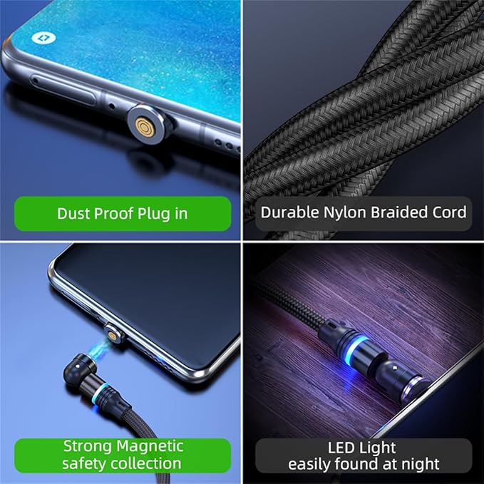 Magnetic Charging Cable (6-Pack,1.6+3.3+3.3+6.6+6.6+10ft) 540° Rotation 3A Fast Charging Data Sync 3 in 1 Magnetic Phone Charger Cable with LED Light Compatible with Micro USB Type C Phone Device