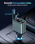 [2 Pack] 4 in 1 Retractable Car Charger with RGB Light, 92W Fast Charging USB C Car Adapter, Compact Car Phone Charger for iPhone/Galaxy/Pixel, Car Accessories for Women Men (Lightning + Type C Cable)
