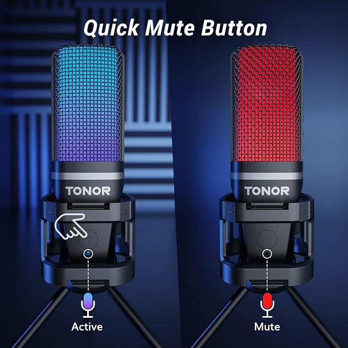 TONOR Gaming USB Microphone for PC, RGB Condenser Computer Mic with Tripod Stand, Quick Mute, Gain Control, for Gaming, Streaming, Podcasting, Recording, Cardioid Mic Kit for Laptop/PS4/PS5 TC777 Pro
