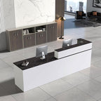 Reception Desk with Counter, Modern Front Desk Reception Counter with Keyboard Tray, Lockable Drawer and Storage Shelves for Office, Retail, Salon (White+Black/Right, 71" L*24" W*39" H)