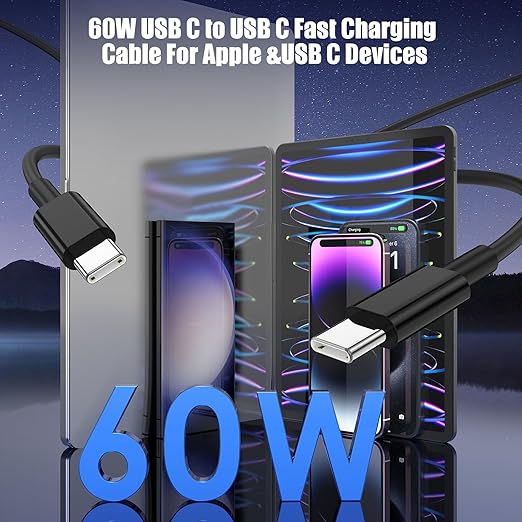 3-Pack Black 6.6FT 60W USB C to USB C Cable, Type C to Type C Cable,Fast Charging Cable for iPhone 16 15 Pro Plus Pro Max，for Galaxy S24 S23, for iPad Pro/Air, for MacBook Pro/Air and More