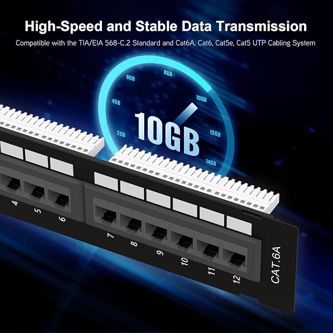 iwillink 12 Port 10Gbps Cat6A Network Patch Panel with Wall & Bracket Mount for Cat 6A/6/5e/5 Cabling