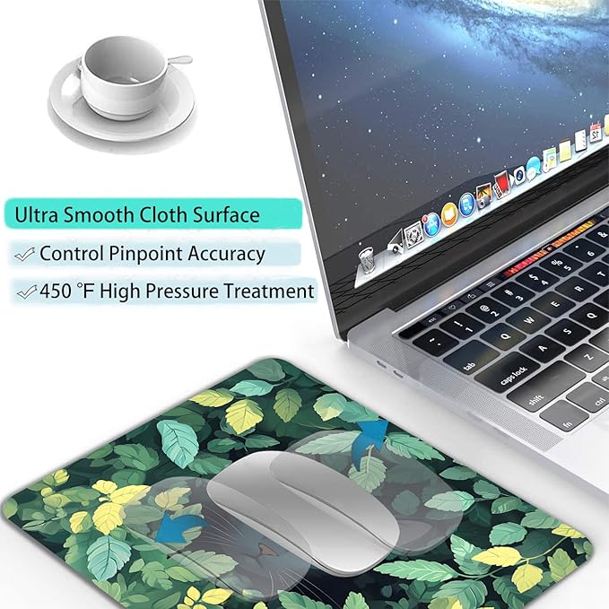 Green Flowers Black Cat Custom Mouse Pad with Non-Slip Rubber, Small Square Design for Wireless Laptop & Computer Mouse Pads for Desk, 9.5 x 7.9 inch Smooth Surface for Gaming & Office