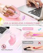 Lekvey Ergonomic Mouse, Vertical Wireless Mouse, Rechargeable 2.4 GHz USB Optical Carpal Tunnel Mice : 800/1200 / 1600 DPI, 6 Buttons, for Laptop, PC, Computer, Desktop, Notebook etc, Pink