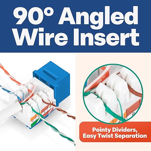 Everest 90° Angled RJ45 Cat5e Keystone Jacks 50-Pack in Blue - Slim Profile Female RJ45 Connectors - Cat 5e Keystone Jack - Compatible with 90° Angled Speed Termination Tool - easyJACK (B094WB91H3)