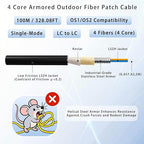 100M/328FT Outdoor Armored LC to LC Fiber Optic Cable, 4 Core OS2 Single Mode 9/125μm, Industrial TPU Jacket, OD 5mm, 4 Strands, SMF, Direct Burial, Heavy-Duty LC-LC Patch Cord for Harsh Environments
