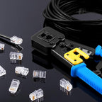 Delgada rj45 Crimp Tool with 50PCS Pass Through Connectors, for Cat6 Cat5e Cat5 Crimping Tool Kit, Network Cable Tester and Wire Stripper Included, for RJ45/RJ12 Regular