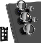 for Samsung Galaxy S22 Ultra Camera Lens Protector, Individual Metal Ring Tempered Glass Lens Cover, [Strong Adsorption] Scratch Resistant Ultra-Thin HD Clear Lens Cover, 1 Set-Black Sparkly