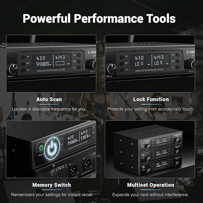 Phenyx Pro Dual UHF Wireless Microphone System，Auto-Scan Cordless Mic Set w/ 2x100 Frequencies, 2 Bodypacks & Headsets/Lapel Microphones for Speaking, Singing, Church, DJ (PTU-71-2B)