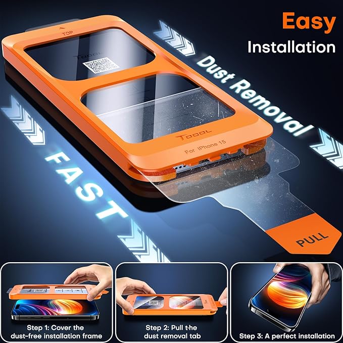 TOCOL for iPhone 15 Screen Protector 9H Hardness Military Grade Shatterproof HD Tempered Glass Full Coverage Easy Installation Case Friendly 2 Pack
