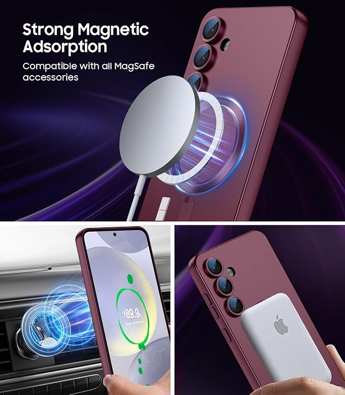 Magnetic for Samsung Galaxy S24 Case [Compatible with MagSafe][Built-in Camera Lens Protector] Slim Soft Silicone Bumper Shockproof Metallic Luster Phone Case (Burgundy)