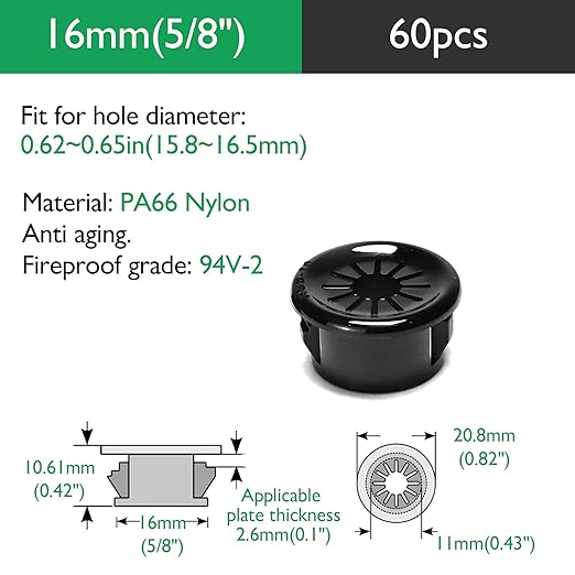 60PCS Cable Grommets, 5/8"(16mm) Desk Hole Cover Petal Shaped Buckle Type Nylon Snap Bushing Grommet, Wire Hole Cover Insert for Cables and Cords Management and Protection of Cabinet, Black