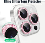 AGVEE 3+3 6 Pack for iPhone 16 Pro 6.3" / 16 Pro Max 6.9" Camera Lens Cover Protector, Bling Diamond & Bling Glitter Metal Ring 9H Tempered HD Glass Camera Cover Protector Film, Bling-Pink