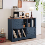 Large Record Player Stand with Vinyl Storage Up to 450 Albums, 39 Inch Farmhouse Wood Navy Blue Vinyl Records Storage Cabinet with Barn Doors, Mid-Century Turntable Stand for Living Room