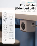 Allocacoc, PowerCube |ExtendedUSB|, 4 outlets, 2 USB Ports, 5 feet cable, Mounting dock, Surge Protection, Childproof Sockets, ETL Certified (Blue)