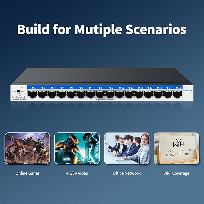 16 Port Gigabit Switch, Easy Smart Managed Ethernet Switch, Network Hub, Ethernet Splitter, Plug & Play, Fanless Metal Design, VLAN, Qos, Desktop or Wall Mount