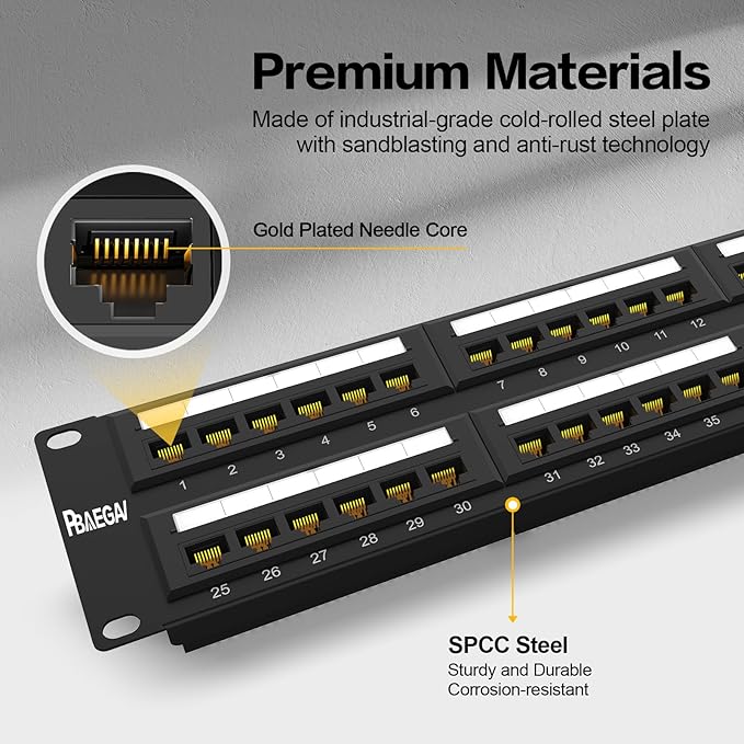 Patch Panel 48 Port Cat6A 【EC Listed】 2U Network Patch Panel Rackmount 19 inch RJ45 Patch Panel for 10 Gigabit Network, 110 or Krone Impact Tools Compatible Without Cable Management (Cat6A)