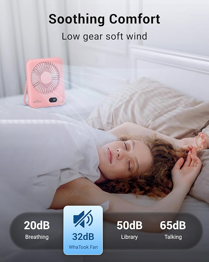 WHATOOK Small Desk Fan Personal Fans: 5000mah 25 Hours Battery Office Quiet Mini Desktop Fan Portable Rechargeable Travel Essentials
