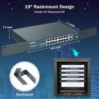 YuanLey 16 Port PoE Switch with 2 Gigabit Uplink, 16 PoE+ Port 10/100Mbps Network Switch, 802.3af/at Compliant, Durable Metal with 250W High Power, Unmanaged Plug and Play