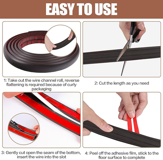 Floor Cord Cover Self Adhesive Cord Hider,10FT Cable Management, Extension Strip Protector for Wires, Prevent Cable Trips for Offices, Gyms, Exhibitions Cavity:0.39"(W) x 0.27"(H) Black Wood