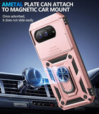 Taisairu for Google Pixel 9A Case with Screen Protector & Slide Camera Lens Cover, Built-in 360°Rotate Magnetic Ring Stand Shockproof Protective Phone Case for Google Pixel 9A Case (Rose Gold)