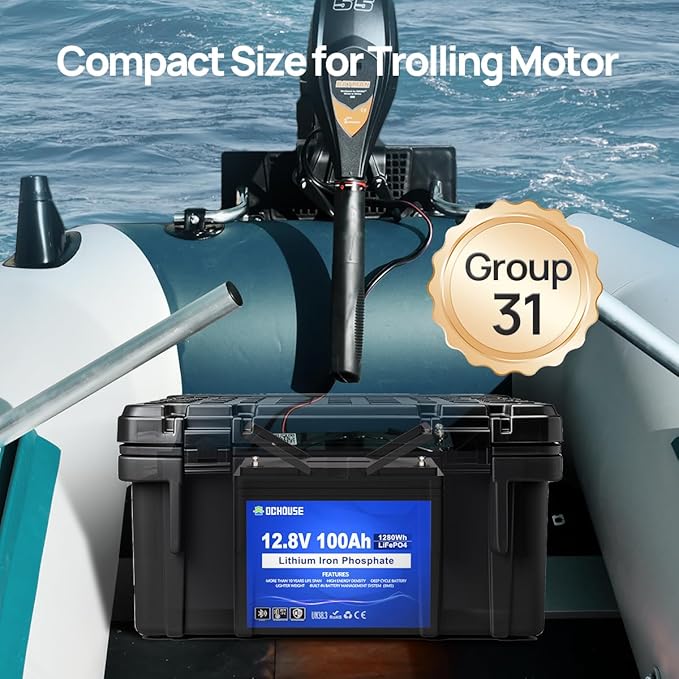 DC HOUSE 12V 100Ah LiFePO4 Trolling Motors Battery with SOC Status Indicators, Bluetooth & Low Temp Cut-Off, 100A Smart BMS, Up to 15000 Cycles for RV, Marine, Boat, Solar Off-Grid