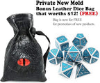 Haxtec Glow in The Dark Metal Dice Set D&D Glowing Blue Silver W/Dragon Dice Bag 7 Die D&D Dice Set Compatible with Dungeons and Dragons RPG