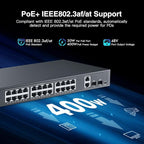 24 Port Full Gigabit PoE Switch with 2 GE Uplink, 2 Gigabit SFP, IEEE802.3af/at Max 400W, YuLinca Unmanaged Rackmount Switch with VLAN and AI Watchdog