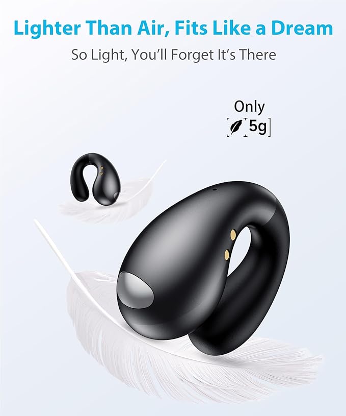 Ultra Open Ear Earbuds - Ergonomic Clip-On Earbuds, Bone Conduction Over-The-Ear Headphones with Waterproof Design and Secure Fit for Small Ears, Obsidian Black
