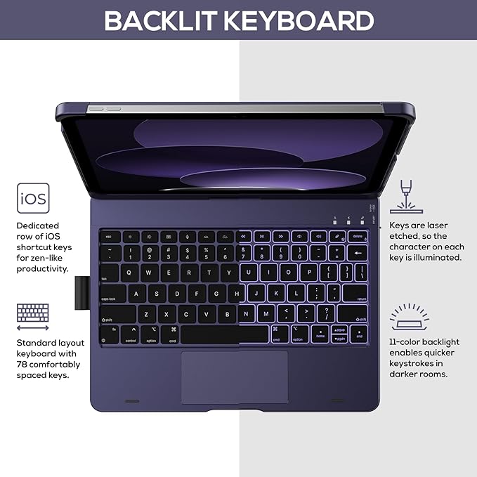typecase Touch iPad 10th Generation Case with Keyboard (10.9", 2022) and iPad A16 (11th Gen, 2025) – 360° Rotatable, 11-Color Backlit, Multi-Touch Trackpad, Thin & Light (Midnight Amethyst)
