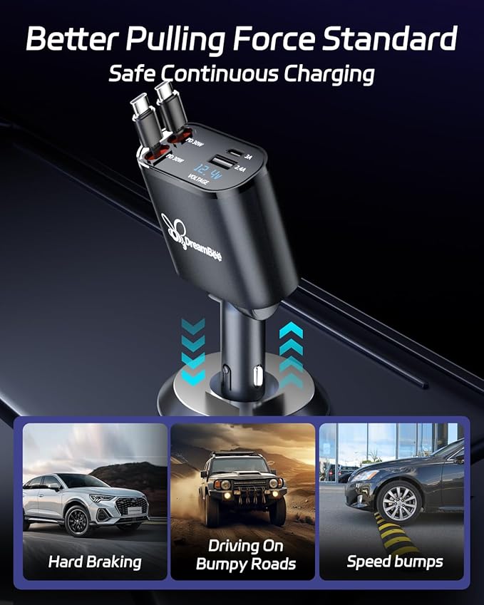 DreamBee Retractable Car Charger,66W Super Fast USB Car Phone Charger,Dual TypeC Retractable Cables Gifts for Men Women Car Truck Accessories for Samsung Galaxy S23+/S23/ S22 iPhone 15/14,iPad