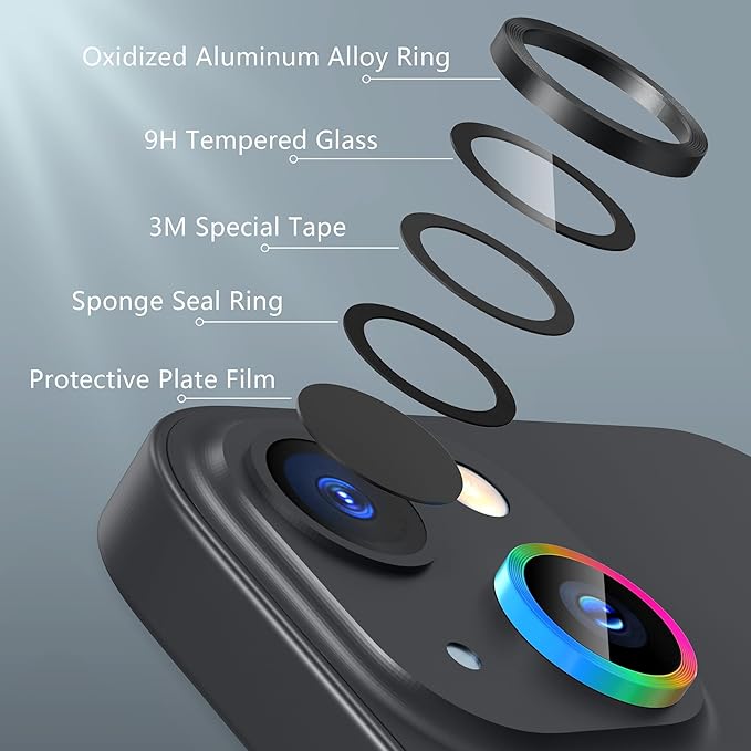 AGVEE 3+3 6 Pack for iPhone 15 6.1" / 15 Plus 6.7" Camera Lens Cover Protector, Metal Ring 9H Tempered HD Glass Camera Cover Protector Film, Black