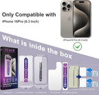 2 Pack Screen Protector for iPhone 16 Pro, 9H Tempered Glass, Full Coverage, Anti-Fingerprint, Auto Dust-Elimination, No Bubble, Easy Installation