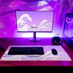Purple Japanese Sea Wave Gaming Mouse Pad - Large Desk Mat with Non-Slip Base and Stitched Edge for Gaming and Office - 31.5x11.8 Inch