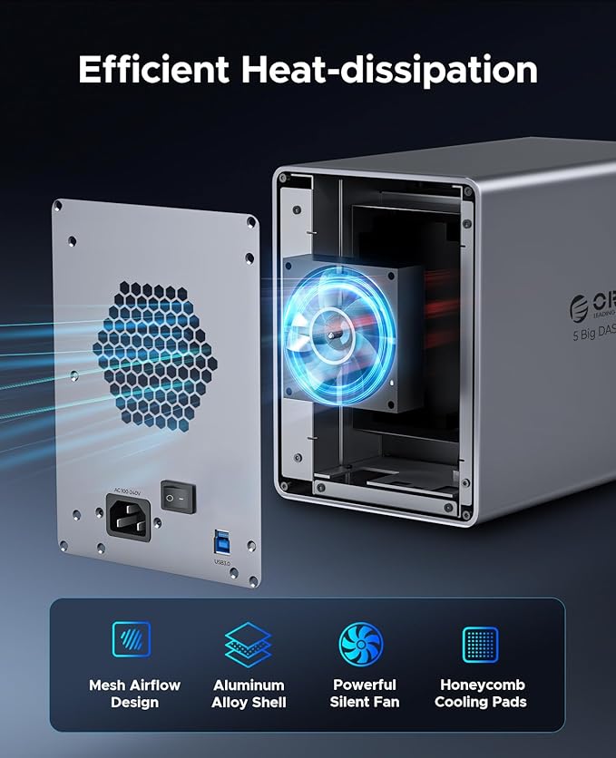 ORICO 5 Bay DAS Hard Drive Enclosure USB 3.0 for SATA 3.5 inch SSDs HDDs Bracket-Free External Hard Drive Bay Max up to 110TB ( Alluminum Alloy) -9858U3