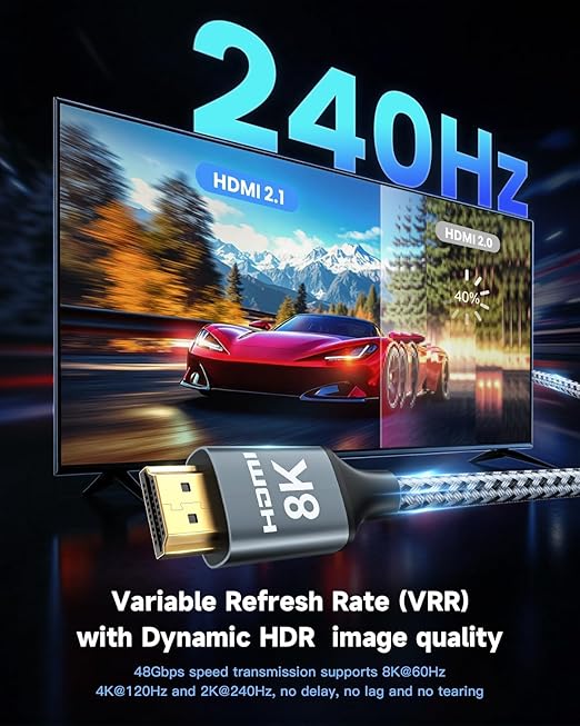 ARISKEEN 8K HDMI Cable 3FT 2-Pack, 48Gbps High Speed HDMI 2.1 Cable, 8K 60Hz, 4K 120Hz 144Hz Support for HDR 10, HDCP 2.2 2.3, eARC, DTS:X, Braided HDMI Cord Compatible with Laptop/HDTV - 3 Feet