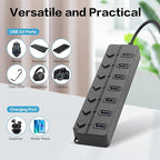 90 Degree USB Hub Splitter YACSEJAO USB 2.0 Data Hub with Individual LED Button On/Off Switch DC5.5 * 2.1 Power Port for Laptop,PC Computer (7 Ports, 1M)