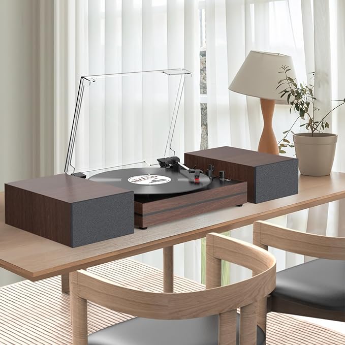 Vintage Record Player for Vinyl with Dual Separate Stereo Speakers Turntable BT Wireless Input Playback Belt Drive 3 Speed 3 Size Playback Record Player Support AUX Headphone Input RCA Out Auto Stop
