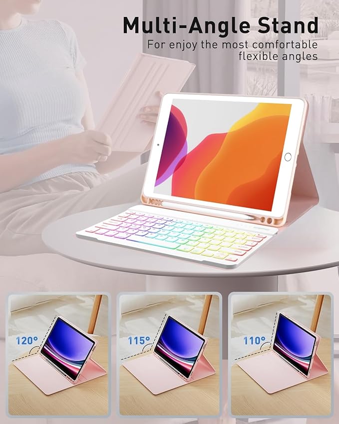 Keyboard Case for Galaxy Tab S10 Plus/S9 Plus/S9 FE Plus/S8 Plus/S7 Plus/S7 FE 12.4 Inch, 7 Color Rainbow Backlight Detachable Magnetic Keyboard Cover with S Pen Holder,Pink