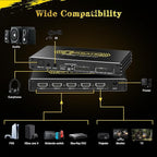 4K@120Hz HDMI 2.1 Switch 4 in 1 Out with Audio Extractor,48Gbps,HDCP 2.3,HDR 10+,ARC,VRR,ALLM,CEC,IR Remote,Optical SPDIF 5.1Ch,AUX L/R 3.5mm 2.1Ch,HDMI Switcher 4x1,4 Port HDMI Selector