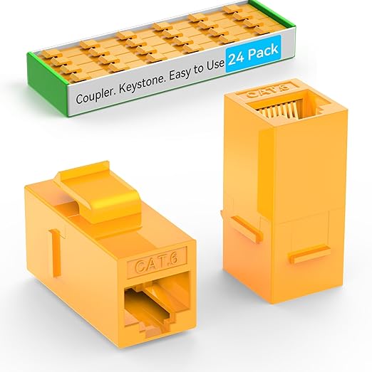 CAT6 RJ45 Keystone Coupler (24 Pack), Cat6 Keystone Jack Female to Female, Cat 6 Inline Keystone Jacks for Wall Plate & Patch Panel, RJ45 Ethernet Coupler Orange